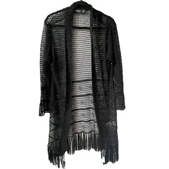 New RALPH LAUREN Women's Open Knit Linen Blend Cardigan  $245 Fringe Black Mediu - Picture 6 of 6